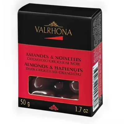 Equinoxe Noir hazelnuts and almonds coated in dark chocolate